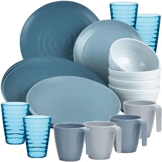 Melamin Camping Geschirr Set 20 Teile elegante in blau mit Wasserglas Tassen - für 4 Personen - Essgeschirr Gläser Wasserglas Tumbler - Campinggeschirr Picknick modern Outdoor