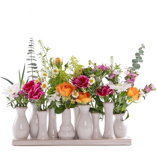 Jinfa 1 Set aus 10 kleinen Vasen auf festem Sockel | handgefertigte Blumenvasen Tischdeko | Antik-Weiß