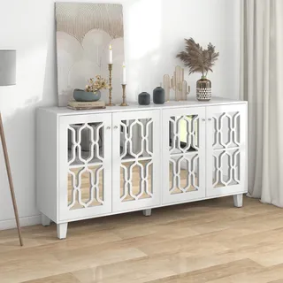 ModernLuxe - Weiß verspiegelte Sideboard mit Kristallgriffen, für Wohn- und Esszimmer (160 x 40 x 84cm)