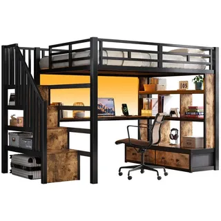 SOFTWEARY Hochbett mit Schreibtisch und Regal (140x200 cm, mit Lattenrost, Treppe und Schubladen) Kinderbett mit Rausfallschutz, Metallbett schwarz