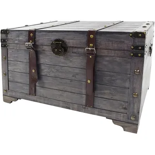 Kobolo Truhe KUBA, 80x45x50 cm, grau, Vintage Holztruhe mit Deckel & Stauraum, rustikale Aufbewahrungstruhe im Schatztruhendesign mit Metall- & Kunstlederapplikationen