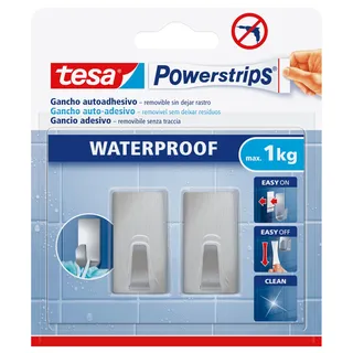 tesa Powerstrips Haken Waterproof S Metall eckig - selbstklebender Wandhaken für Küche und Bad, groß - Handtuchhaken aus Edelstahl, silber matt - belastbar bis zu 1 kg, 2 Stück