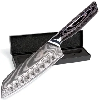 Wolfblood PRO Damastmesser Santoku Messer XL (31cm) TÜV geprüfter 62 HRC Damaststahl aus 67 Lagen I Damast-Küchenmesser Santokumesser mit Holzgriff Geschenkbox und Klingenschutz