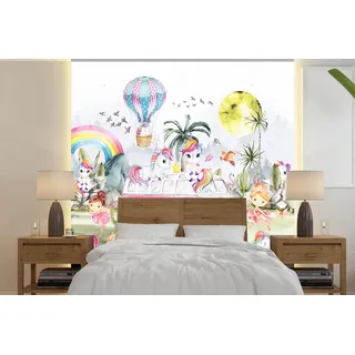 MuchoWow Fototapete Einhorn - Regenbogen - Kinder - Mädchen - Auto, Matt, bedruckt, Vinyl Tapete für Wohnzimmer oder Schlafzimmer, Wandtapete, 300x300 cm bunt 3 m x 3 m