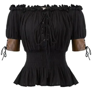 AYAZER Damen Steampunk Viktorianisches Hemd Halbarm Boho Off Shoulder Top Krawatte Taille Sommerhemd-Schwarz-XL - XL