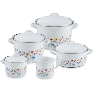 Riess, 0558-070, Emaill-Set, Topfset 5-TLG, bestehend aus Fleischtöpfe 16, 20 und 22 cm, Kasserolle 20cm und Schnabeltopf 12 cm, NOUVELLE - FLORA EXTRA STARK, Emaille, weiß mit Blumenmuster