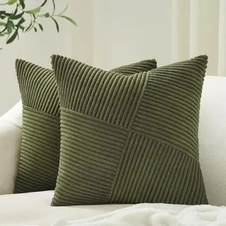 Set Aus 2 Dekorativen Olivgrünen Kissenbezügen, 45 X 45 Cm, Für Schlafsofa, Boho-stil, Weiches Cord-patchwork-streifenmuster Mit Windmühlenstruktur