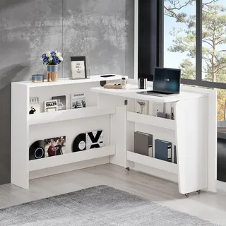 Schreibtisch mit Rollen & Wireless Charger Faltbarer 2-in-1 Sideboard & Arbeitsplatz Bürotisch Computertisch Weiß - Weiß