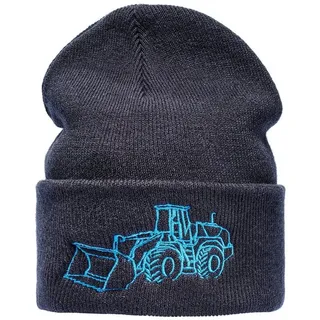 Baddery Beanie Strickmütze: "Radlader" - Raupe Bagger Baustelle LKW Traktor, hochwertiger doppellagiger Strick, Stick-Motiv, One Size blau