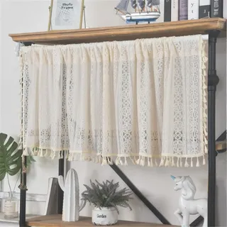 CULASIGN Beige Scheibengardine Landhaus Retro Kurze Scheibengardine Boho Vorhang Baumwolle Leinen Kurzstore Gardinen mit Quasten für Küche Wohnzimmer Schlafzimmer (Beige Kupfer,W x H 150X60cm)