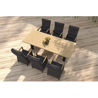 HARTMAN Nova Garten-Essgruppe mit 6 Sesseln, anthrazit/grau/natur, Alu/Polyrattan, 240 x 100 cm, verstellbare Rückenlehne mit Teak-Armlehnen, FSC®-zertifiziertes Produkt