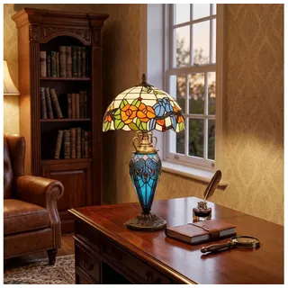 Brilagi - Tiffany-Buntglas-Tischlampe JUNGLE 1xE27/60W/230V + 1xE14/40W - Bronze/Bunt