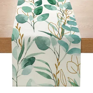 LOZULO Grün Gold Eukalyptus Frühling Tischläufer 40x180, Outdoor Tischläufer Wetterfest Sommer Table Runner Abwaschbar Natur Landhausstil Deko Tisch Läufer Draußen Party