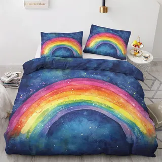 Generisch Regenbogen Deko - Winter Bettwäsche 135x200 Regenbogen, Bunte Aquarell Bettbezug 135 x 200 2er Set mit 1 Kissenbezug 80x80, Weiche Mikrofaser Winterbettwäsche mit Reißverschluss K#&176