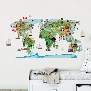 Sticker für Kinder | Wandaufkleber Weltkarte – Wanddekoration Kinderzimmer | 80 x 145 cm