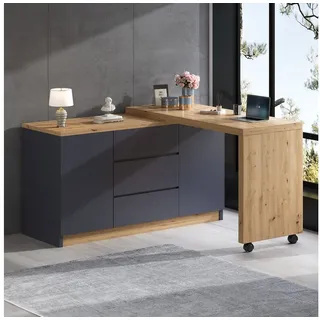 Flieks Kommode mit 360° drehbare Tisch, Rollen und Schubladen (2 St., mit verstellbaren Einlegeböden), Schreibtisch Sideboard Mehrzweckschrank Arbeitstisch grau&Eiche grau
