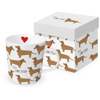 Tasse Tiere Lange Geschichte mit Dackel aus Porzellan im passenden Geschenkkarton. Motivtasse für den gedeckten Tisch und als Geschenk 0,4L x H9.7cm