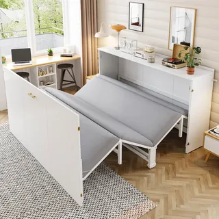 Klappbett 140 X 200 Cm, Ausziehbarer Schrankbettrahmen Mit Leinenmatratze, Platzsparendes Gästebett Mit Metallgestell Und Leisen Rollen Weiß