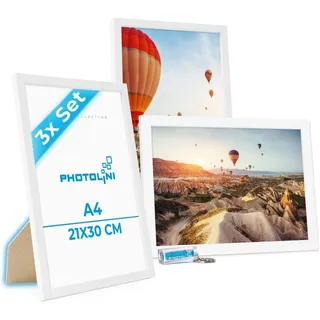 PHOTOLINI Bilderrahmen 3er Set modern mit bruchsicherem Acrylglas, Holz MDF, Fotos & Poster, für 3 Bilder (3er Set), Posterrahmen A4 21x30 cm zum Aufhängen & Aufstellen weiß 21 cm x 30 cm