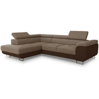 Sofnet Ecksofa Caris mit Schlaffunktion und einstellbare Kopfstützen, Wohnlandschaft mit Bettkasten, Couch, Sofa, Bettsofa Braun, Textil, 5-Sitzer, Ottomane links, L-Form,Rechteckig, 273x203 cm, Wohnzimmer, Sofas + Couches, Wohnlandschaften, Ecksofas