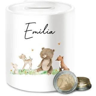 Spardose - Waldtiere Tiere Wald Tier Hase REH Bär Fuchs - Unisize - Weiß - spardosen für Kinder personalisierte Geschenke Keramik kindersparbüchse Tieren sparbüchse Name Personalisieren Dino