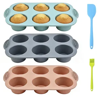 Muffin Backform Silikon, 3 Stück Muffinblech 6er mit Backpinsel und Schaber | Groß Silikon Muffinform für Cupcakes Brownies Kuchen Pudding (Grau Rosa Pfauenblau)