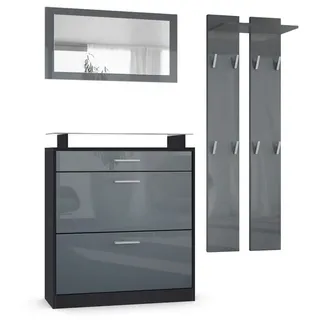 Vladon Garderoben-Set Loret, (Garderobe Set bestehend aus 1 Schuhschrank, 1 Wandspiegel, 2 Garderobenpaneele), Schwarz matt/Grau Hochglanz (Schuhschrank 89 x 104 x 23 cm) grau