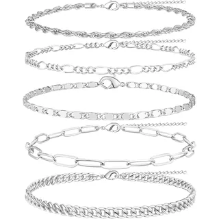 Carreneu 5Stück FußKettchen für Damen,Fussketten für Frauen,FußKette Damen,FußKettchen Silber,Einfacher Retro-Strand,Geeignet für Damen und Mädchen