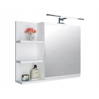 FreshYou Spiegelschrank 60x50 Weiß, Badezimmerschrank mit Ablagen, Badezimmerspiegel, Hängeschrank LED Lampe - Links
