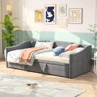 Quiaviank Tagesbett Ausziehbar 90/180x200 cm, Multifunktionsbett mit Schlaffunktion, Schlafsofa mit Lattenrost, Doppelschlafsofa für Wohnzimmer, Schlafzimmer, Samtstoff Grau, ohne Matratze