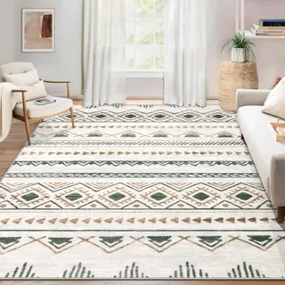 SOJAWA Marokkanischer Landhaus-Stil Teppich 120x180cm - Beige mit Dunkelgrün,kurzflor Weich & rutschfest, Maschinenwaschbar Für Wohnzimmer, Schlafzimmer - Vintage Boho-Atmosphäre Teppich