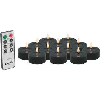 Candela Lights LED Kerzen 12er Set Ø6,8cm Winter schwarz glatt Echtwachs Teelicht mit Fernbedienung & Timerfunktion Flammenlose flackernde LED-Kerze mehrstufig dimmbar