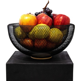 locosand Obstkorb, Obstschale aus Metall in schwarz mit Bambus Holz - dekorativer Obstkorb Vintage Schwarz mediterran Deko Drahtkorb zur Aufbewahrung für Obst in Küche oder Wohnung