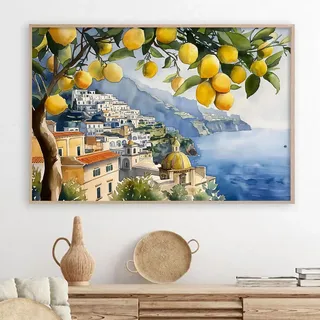 Leinwandbild, Motiv: Zitronenbaum, Strandlandschaft, Gemälde, italienische Küste, Wandkunst, Vintage-Zitronen-Kunstdruck, italienisches Strandbild, Küsten-Kunstwerk für Wände, Italien, Amalfiküste,