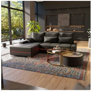Juskys Sofa Davos Links - Bequemes Ecksofa mit Schlaffunktion, Bettkasten, Samt & LEDs - Dunkelgrau