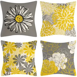 OCEUMACO Leinen Kissenbezug 45x45 Gänseblümchen Muster Kissenhülle 4er Set Quadratisch Dekokissen Sofakissen Bezug für Couch Kissen Kissenbezüge Deko Zierkissen Couchkissen Outdoor - Grau Gelb
