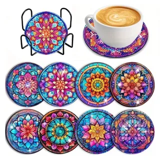 Diamond Painting Untersetzer Mandala mit Halter,8 Stück 5D Diamond Painting DIY Set für Kinder Erwachsene Basteln,Anfänger Diamant Tassenuntersetzer rutschfest fur Tassen,Vasen,Kerzen