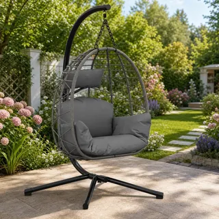 Hängesessel Outdoor 196 cm Hängesessel mit Gestell | Bis 150 kg belastbar | Klappbares Design | Waschbares Sitzkissen | Inkl. Schutzabdeckung | Gebürstetes Rattan-Design