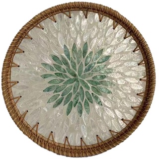 30 cm rundes Rattan-Serviertablett, handgewebtes Mosaik-Tablett mit Holzsockel für Couchtisch, dekoratives Weidenholztablett, Lacktablett, Lebensmittelkorb