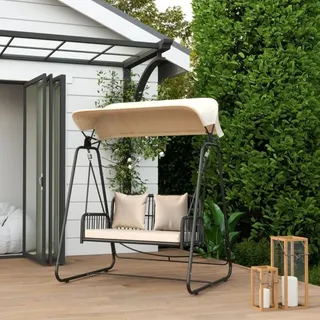 Garten-hängeschaukel Aus Stahl In Khaki, 2-sitzer Mit Verstellbarem Sonnendach, Kissen, 149 X 121 X 180 Cm