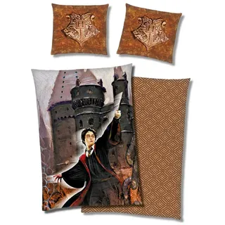 Familando Kinderbettwäsche Harry Potter 135x200 80x80 cm Fleece-Bettwäsche mit Reißverschluss, Microfaser-Flanell, 2 teilig, extra flauschig und weich, mit Wendemotiv braun