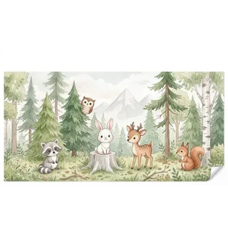 OnlyWow Fototapete Kinderzimmer - Wald - Tiere - Grün, Matt, bedruckt, Wohnzimmer, Vinyl Tapete, Modern, Wanddekoration 500x260cm grün 5 m x 2.6 m