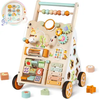 Lauflernwagen aus Holz für Mädchen und Jungen, Montessori-Aktivitätszentrum für Babys, einstellbare Geschwindigkeit und Höhe für Kleinkinder, pädagogisches Schiebespielzeug für Kinder (Neutral)