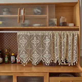 Lsimeru Häkeltgardine Landhaus Kurz Creme Geometrische Blätter Häkelspitze Scheibengardinen Bistrogardine Häkeloptik Kurzstores Gardinen Häkeln Kurzvorhang Kurzgardinen mit Quasten,90x65cm