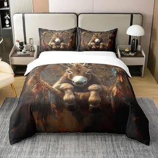 100% Baumwolle Esel Bettbezug,Traumfanger Bettwäsche Set,Boho Feder Weich Atmungsaktive Tröster Abdeckung 135x200,Bauernhof Tiere Schlafzimmer Dekor mit 1 Kissenbezug,Braun Rot Schwarz Bett Set