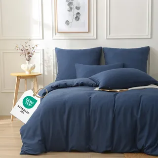 HOMHOMHA Musselin Bettwäsche 155x220 – atmungsaktive Mikrofaser in Musselin-Optik- ÖeKO-TEX zertifiziertes-Set mit 1 Kissenbezug 80x80(Marineblau)