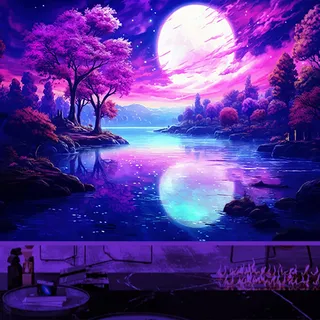 Atrippy Schwarzlicht-rosa Wandteppich für Schlafzimmer, UV-reaktiv, Berg, Mond, Natur, Raumdekoration, Landschaft, Baum, Wald, Wandteppich, Hintergrund für Wohnzimmer, Wohnheim, Büro, 101,6 x 152,4 cm