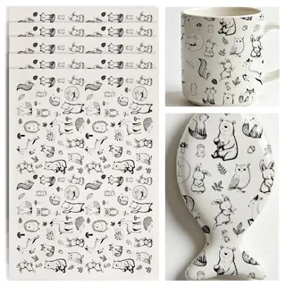 SUPERDANT 4 Stück Unterglasur Transferpapier Cartoon Waldtiere Schwarz Übergroße Keramik Abziehbilder für Tassen Teller Vasen Studio Töpferei Muster Blatt Ton Verwendung Handgemachte Vase 52x37cm