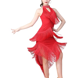 Latein Tanzkleid Damen Neckholder Leuchtenden Fransen Kleider ärmellos Latin Dance Dress Flapper Salsa Tango Cha Cha Kleid für Party Performance,Rot,L