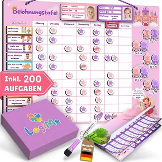 LogiMe® Belohnungstafel für Kinder [200 AUFGABEN] - XL Aufgabenplaner magnetisch - Montessori Belohnungssystem - Wochenplaner ab 3 4 5 6 7 8 Jahre - Sternchenplan ADHS Magnettafel (Prinzessin)